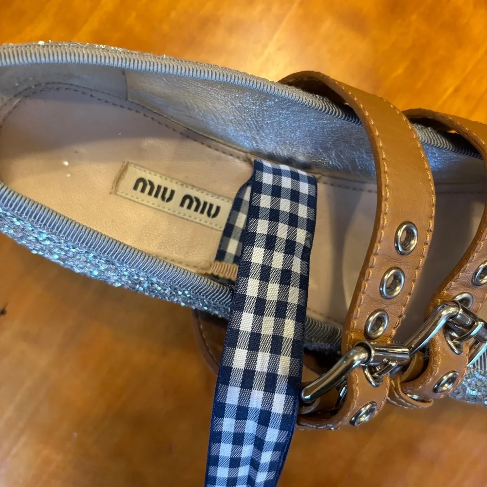 Miu Miu Silver Glitter Espadrille Platform Flats with Brown Straps